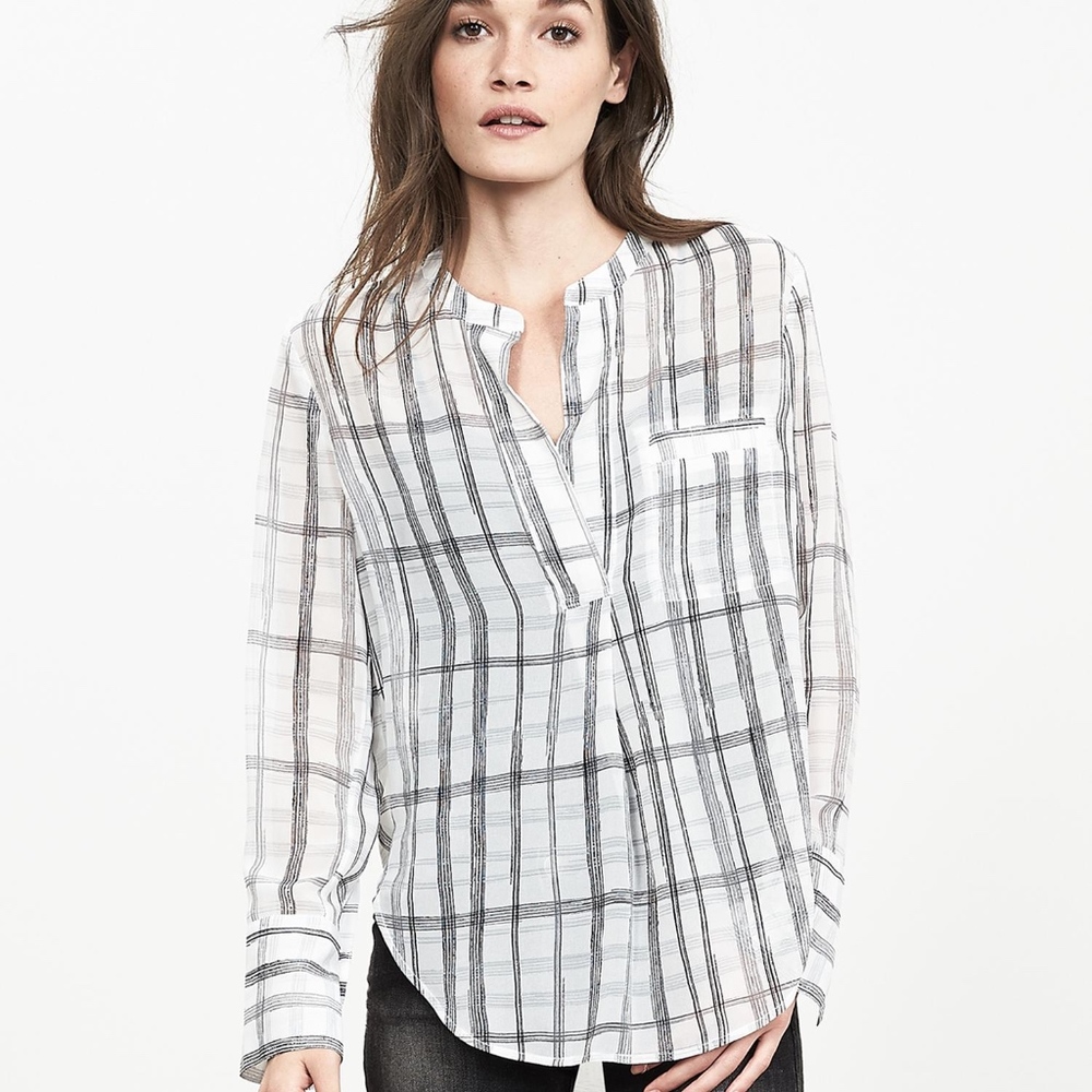 Banana Republic Sheer Plaid Popover Blouse